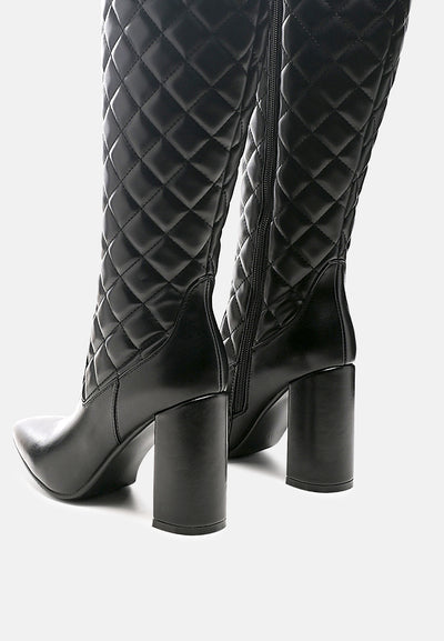 quilt knee high block heeled boots#color_black
