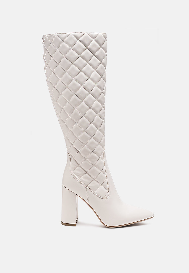 quilt knee high block heeled boots#color_white
