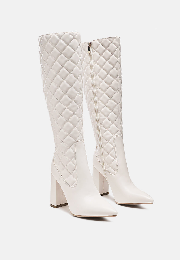 quilt knee high block heeled boots#color_white