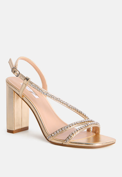 raisins pie diamante embellished block heel sandals#color_gold