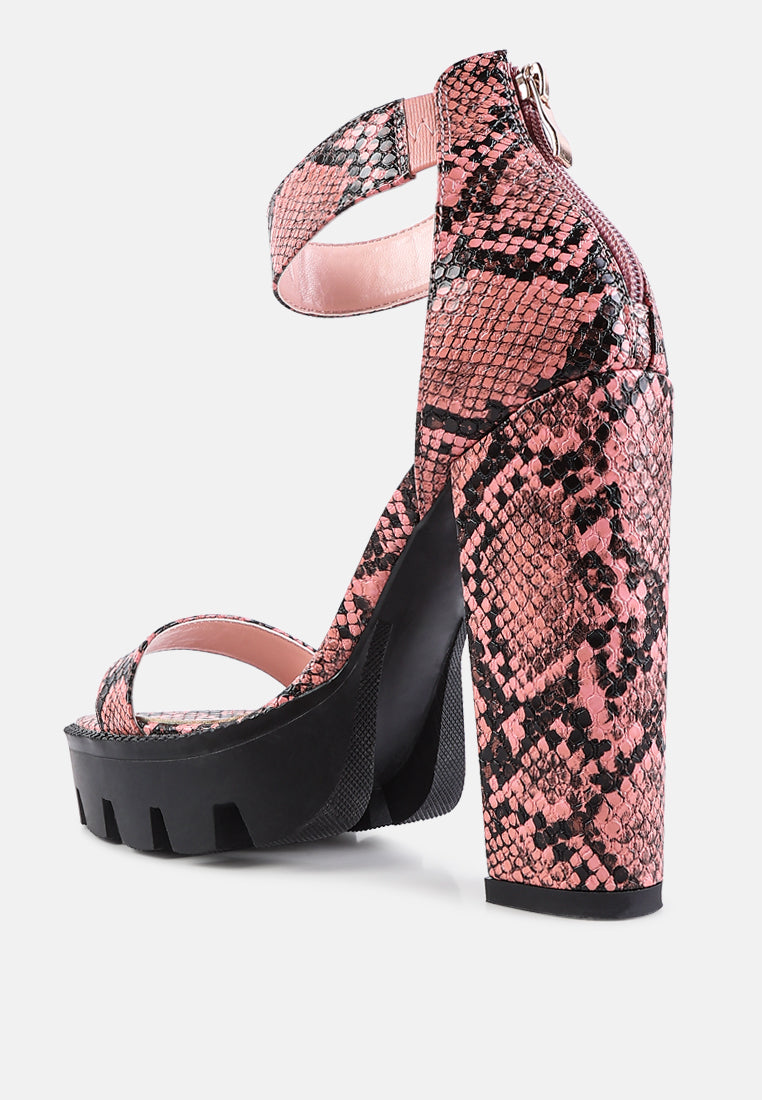 rattle snake print high heeled block sandals#color_pink
