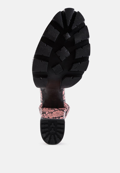 rattle snake print high heeled block sandals#color_pink