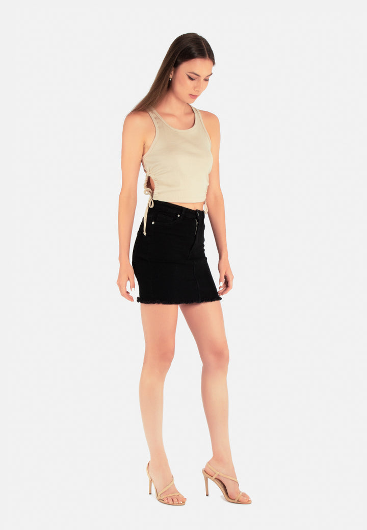 raw hem denim mini skirt#color_black