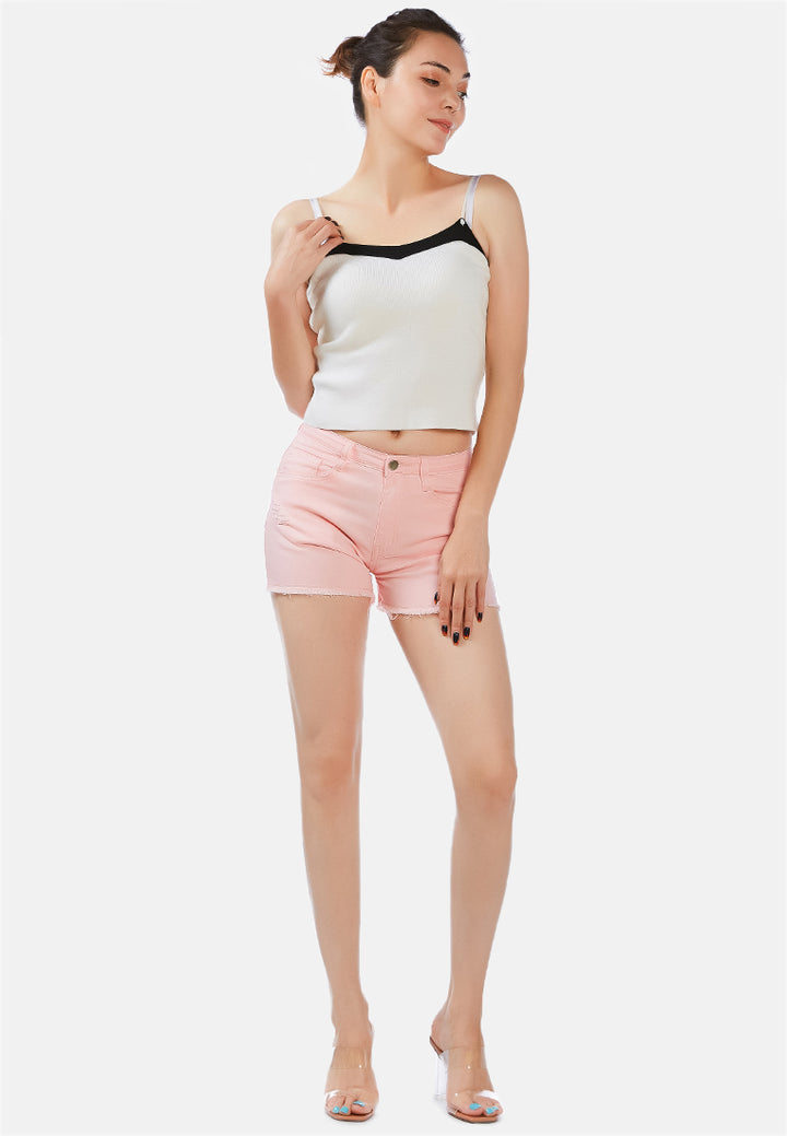 raw hem denim shorts#color_pink