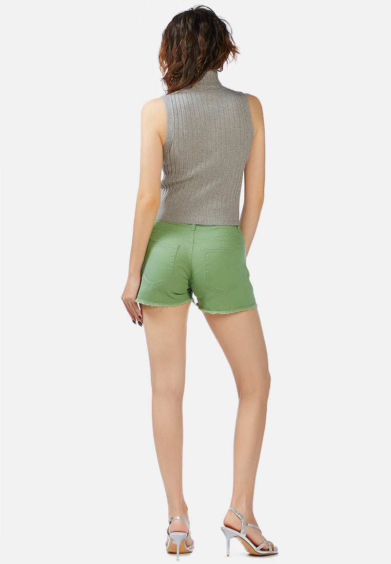 raw hem denim shorts#color_sage-green