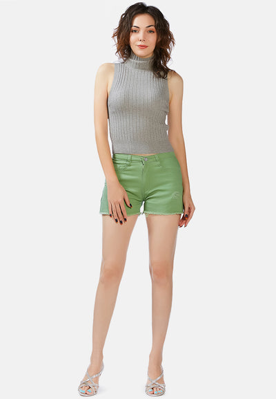 raw hem denim shorts#color_sage green