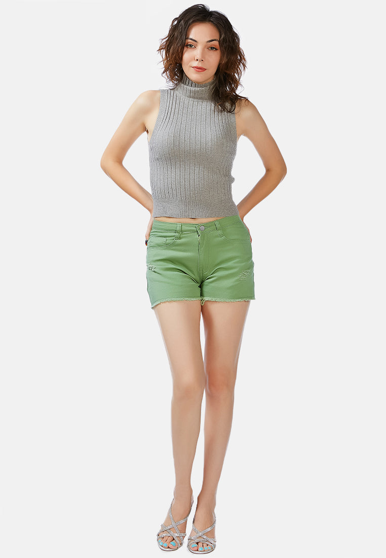 raw hem denim shorts#color_sage-green