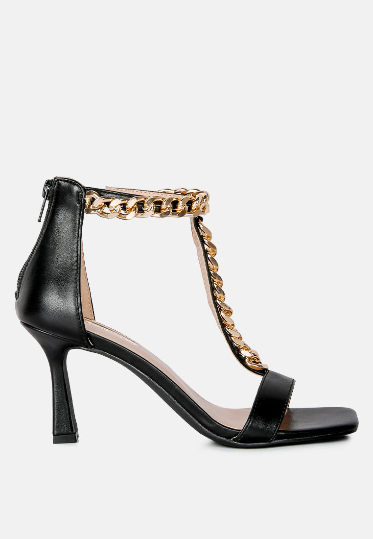 real gem t strap chain detail sandals#color_black