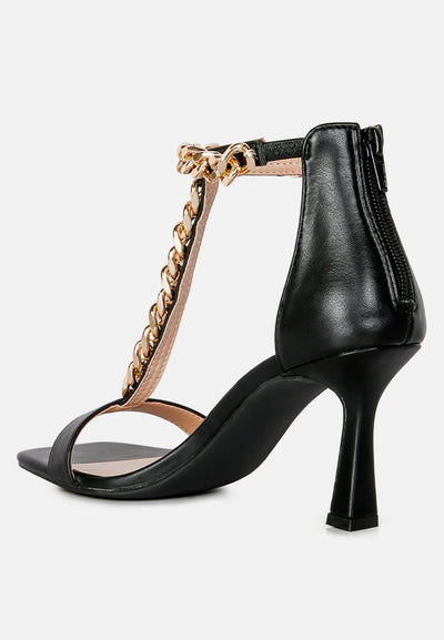 real gem t strap chain detail sandals#color_black