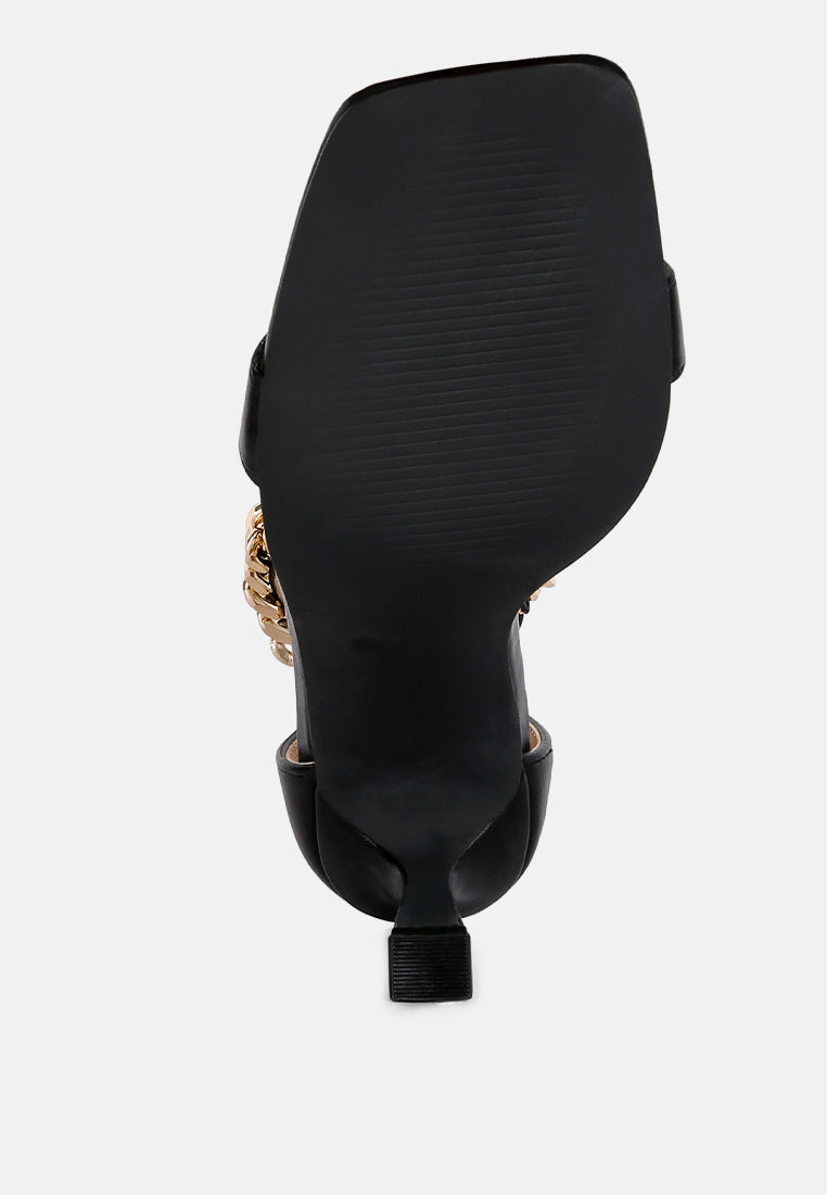 real gem t strap chain detail sandals#color_black