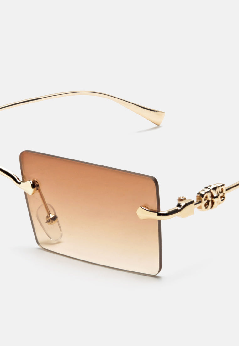 rectangular metallic rimless sunglasses#color_tan