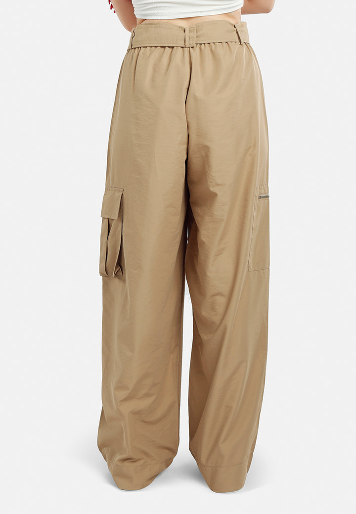 relaxed woven cargo pants with belt#color_khaki