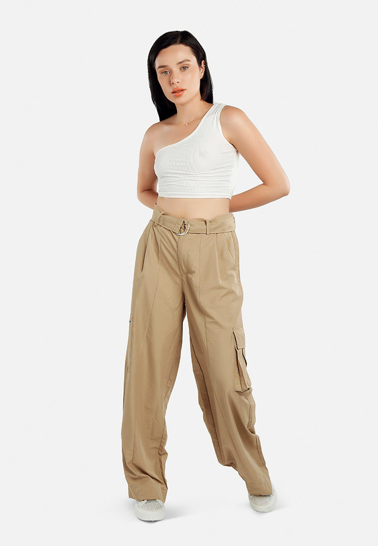 relaxed woven cargo pants with belt#color_khaki