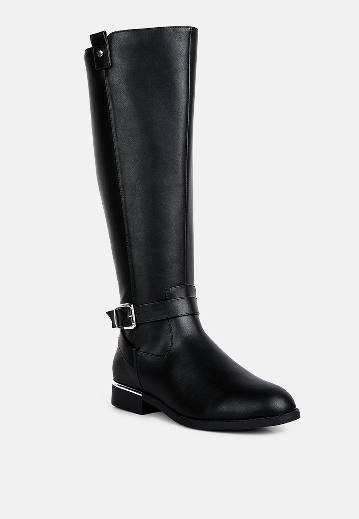 renny buckle strap embellished calf boots#color_black