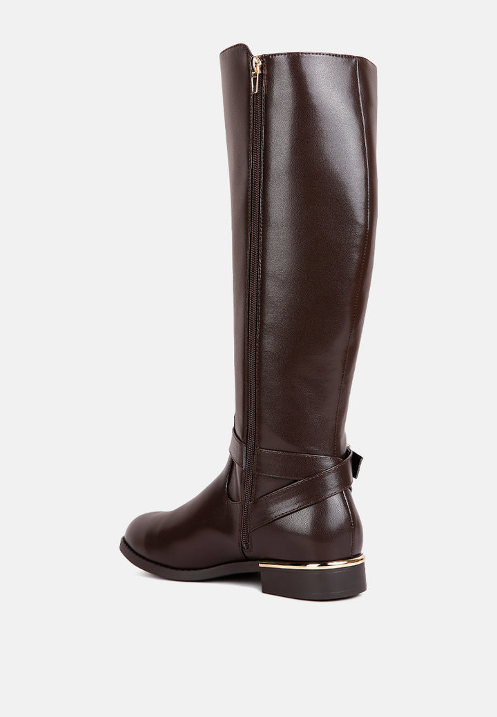 renny buckle strap embellished calf boots#color_brown