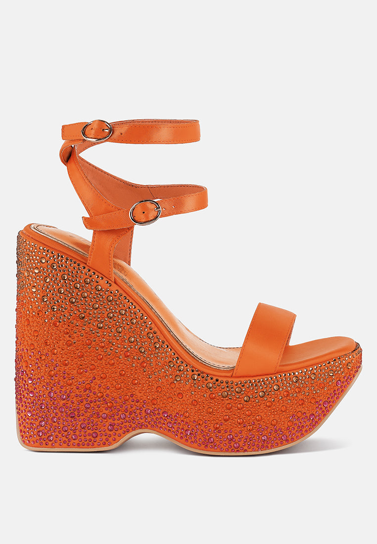richness rhinestones embellished ultra high wedge sandals#color_orange
