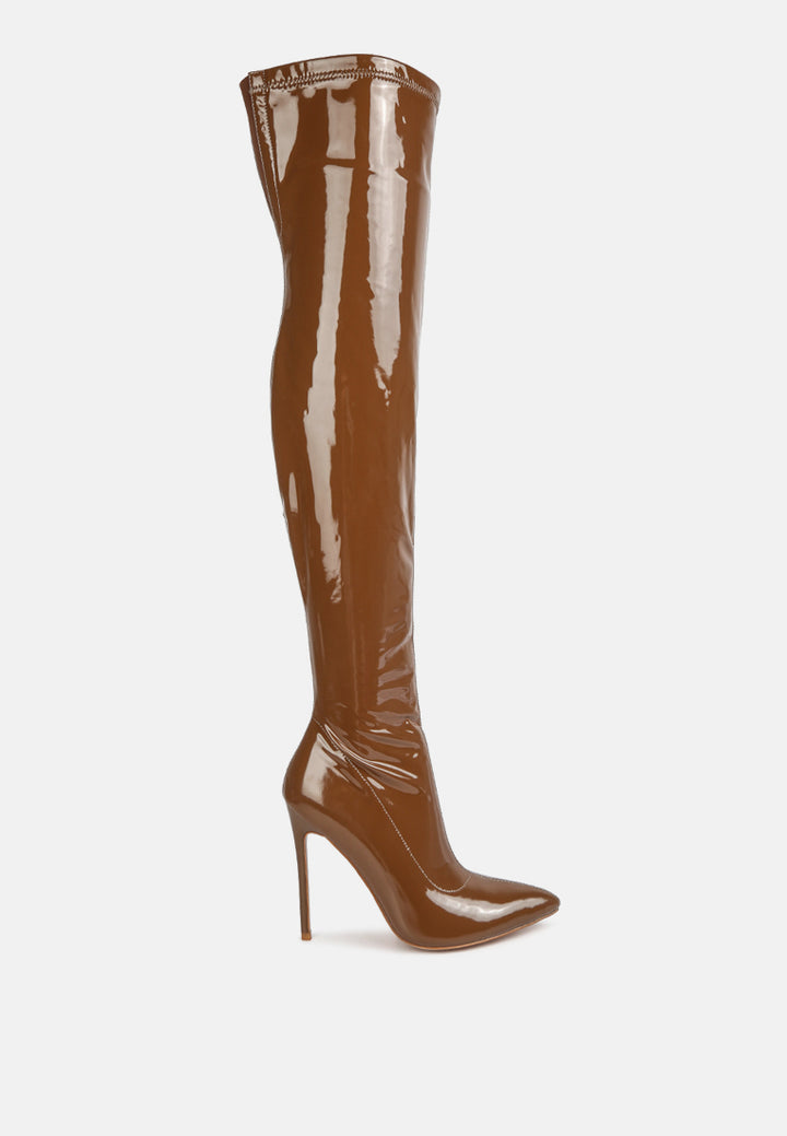 riggle long patent pu high heel boots#color_brown