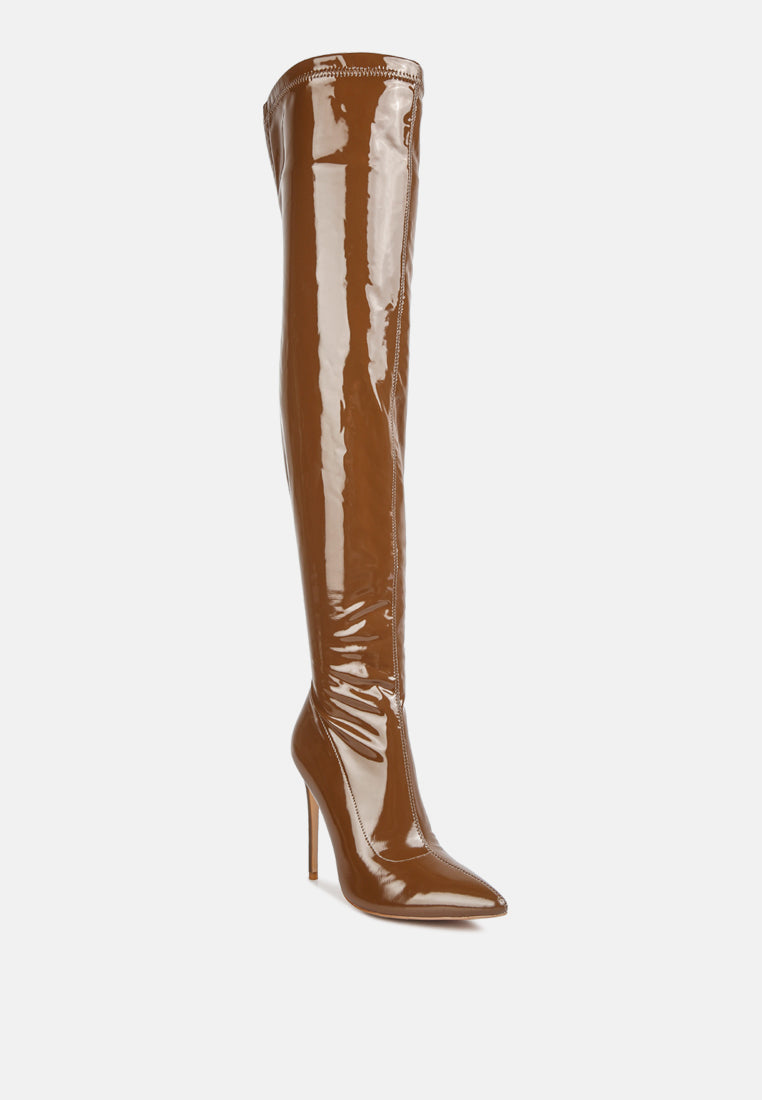 riggle long patent pu high heel boots#color_brown