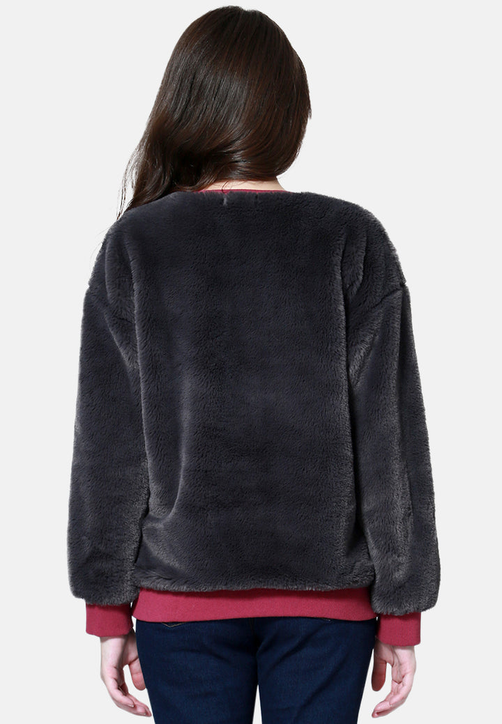 round neck full sleeve fur sweatshirt#color_grey