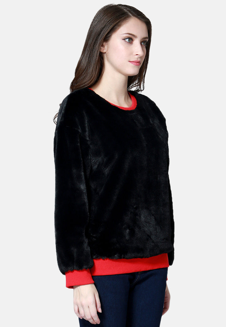 round neck full sleeve fur sweatshirt#color_black