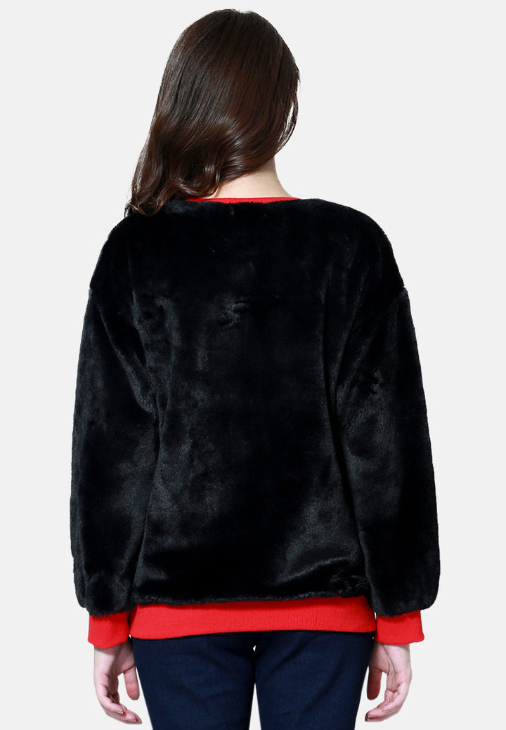 round neck full sleeve fur sweatshirt#color_black
