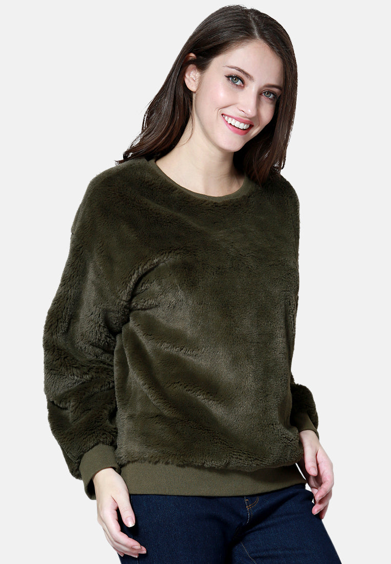 round neck full sleeve fur sweatshirt#color_green