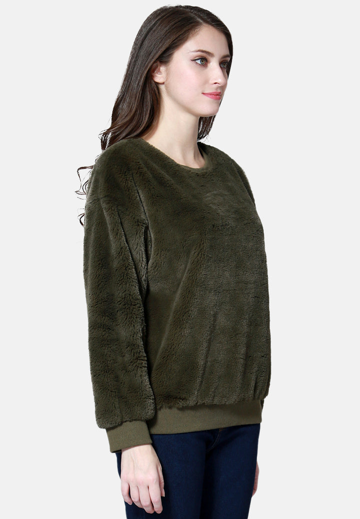 round neck full sleeve fur sweatshirt#color_green