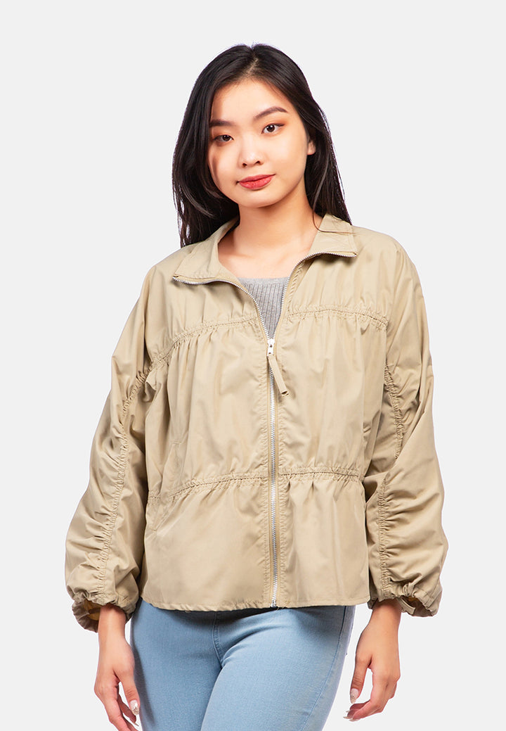 ruched drawstring jacket#color_khaki