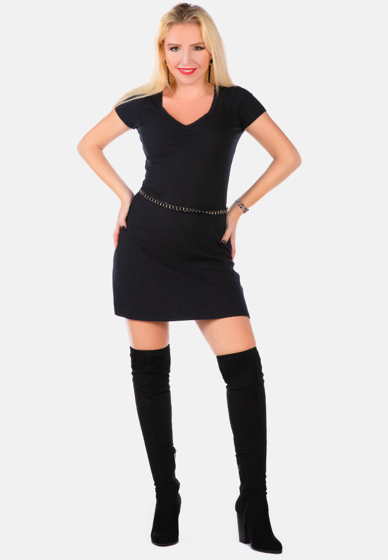 ruched detail knitted mini dress#color_black