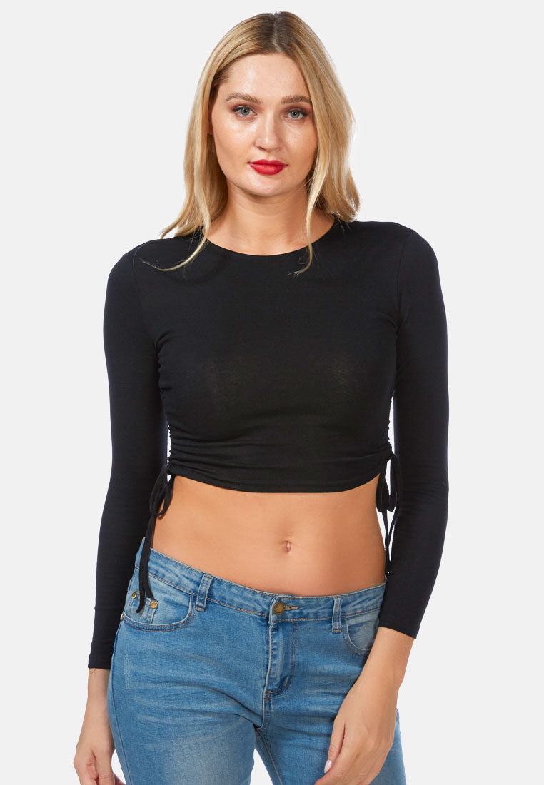 ruched side drawstring full sleeve top by ruw#color_black