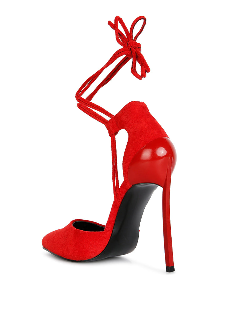 rule breaker lace up stiletto heel suede sandals by ruw color_red