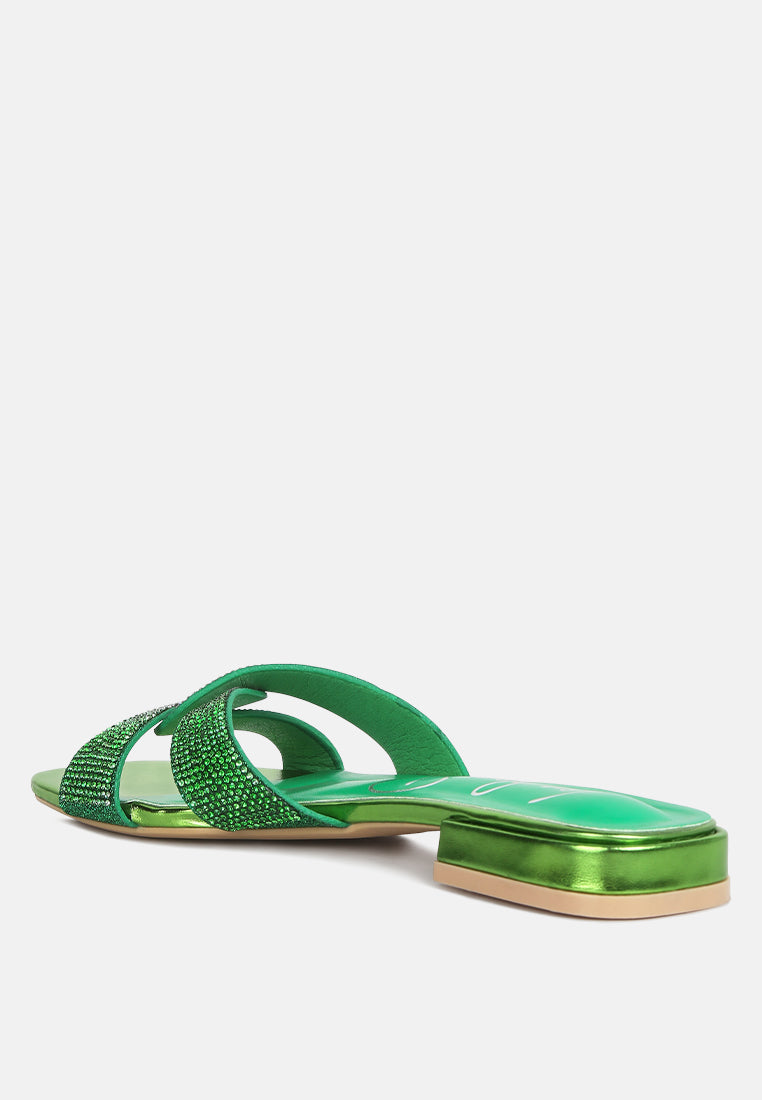 rum cake cross strap rhinestone sandals#color_green