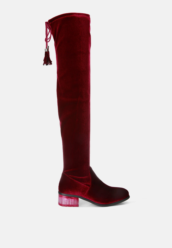 Buy Rumple Velvet Over The Knee Clear Heel Boots Online London