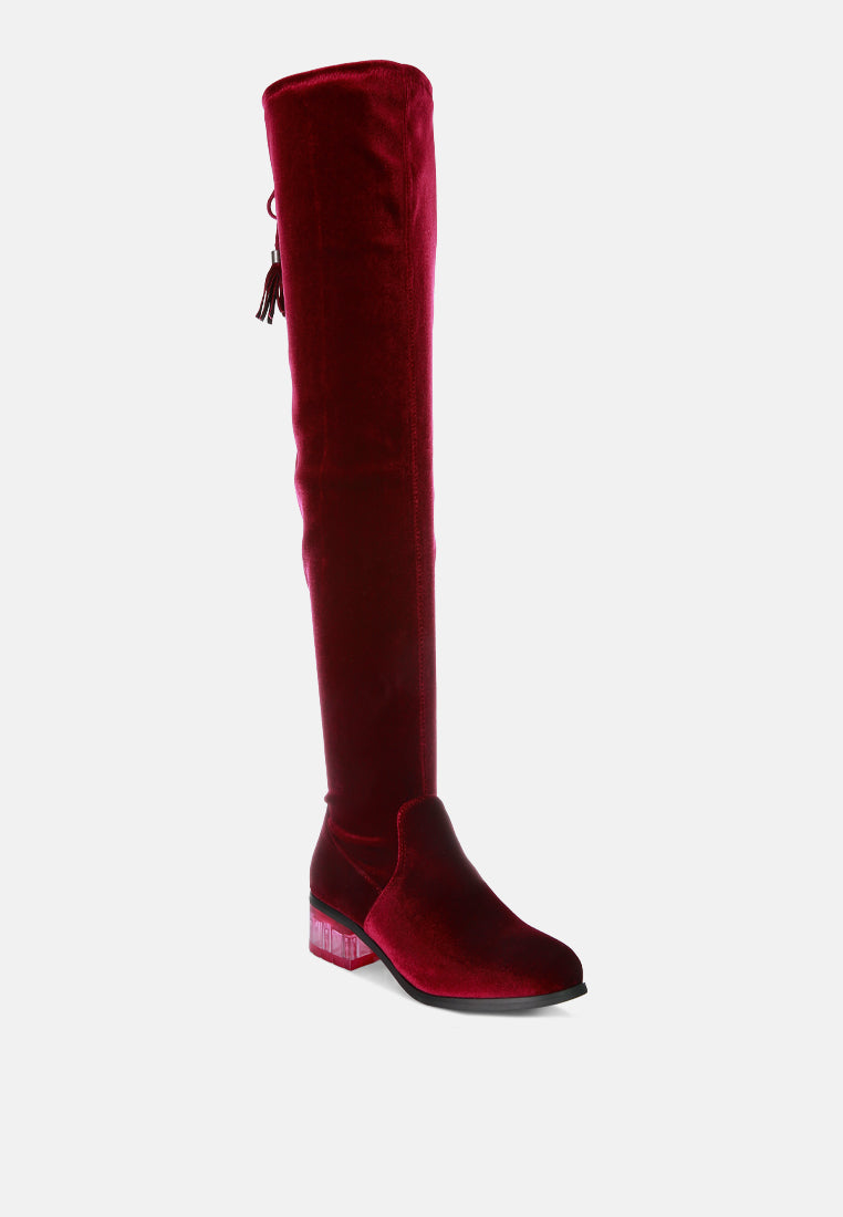 Buy Rumple Velvet Over The Knee Clear Heel Boots | Women Long Boots ...