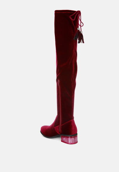 rumple velvet over the knee clear heel boots#color_burgundy