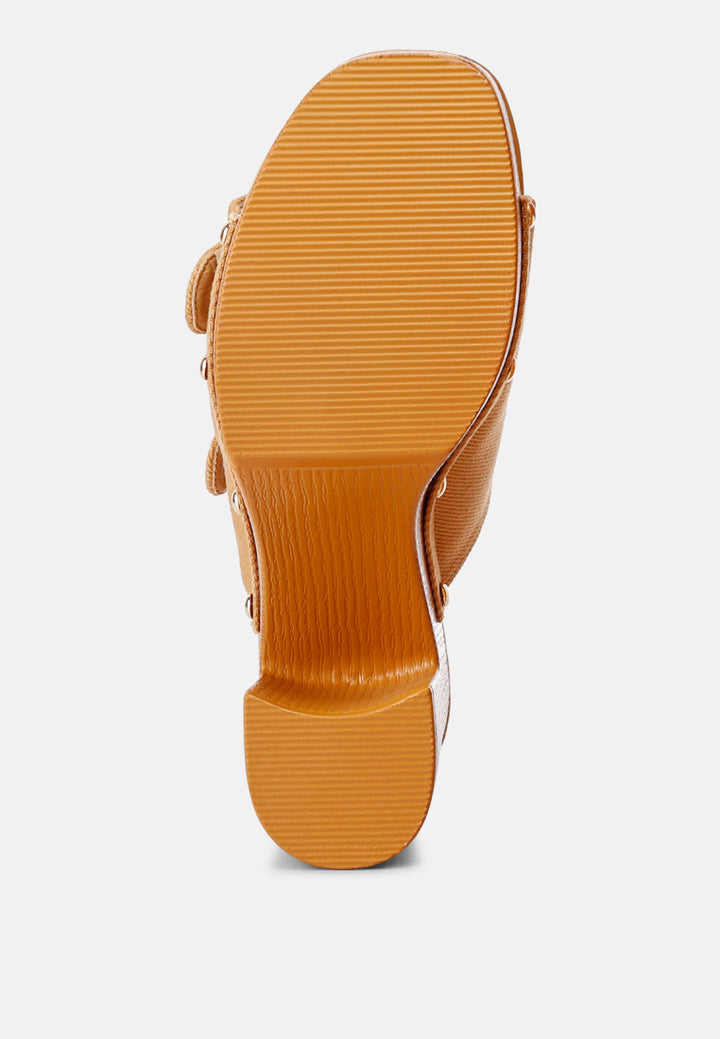 sarai buckle straps high block heel clogs#color_tan