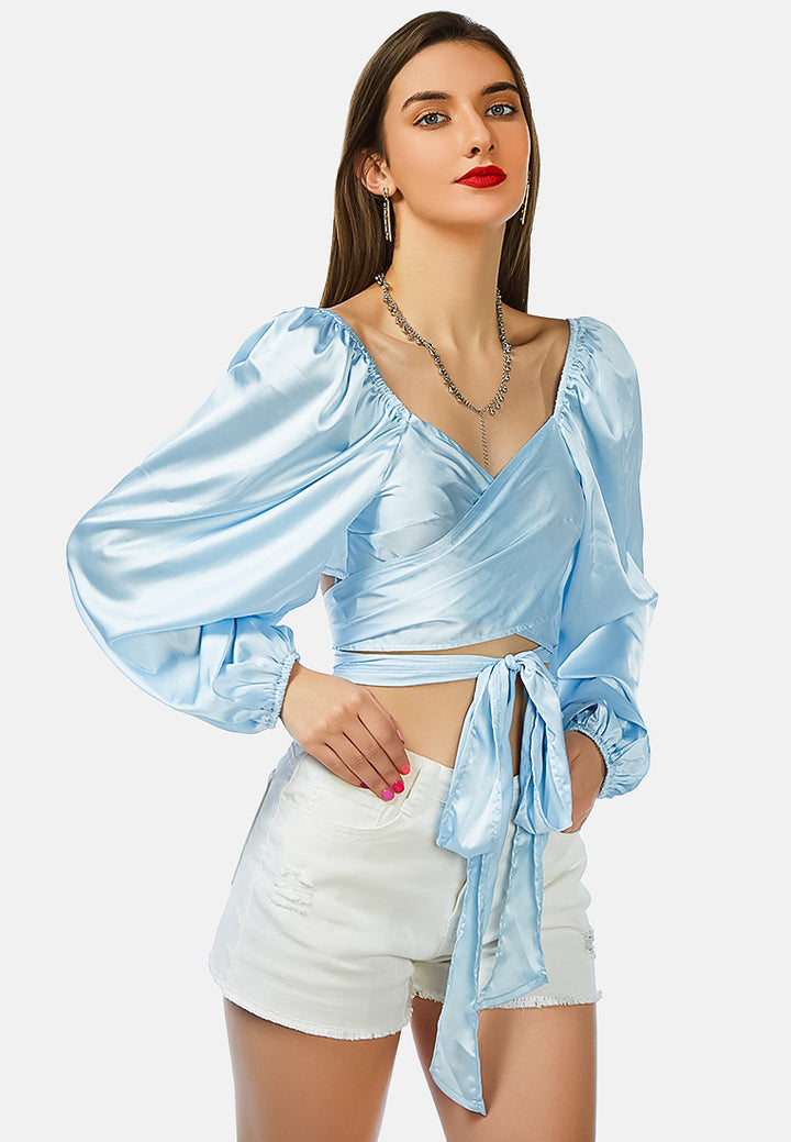 satin puffed sleeves wrap crop top#color_blue