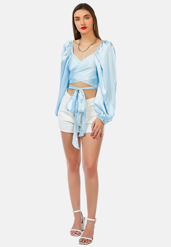 satin puffed sleeves wrap crop top#color_blue