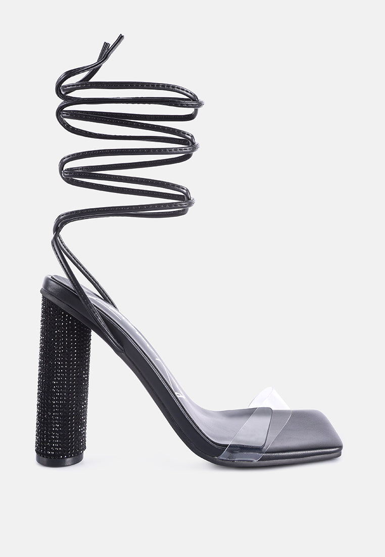 scansta lace up rhinestone embellished high heel sandals#color_black