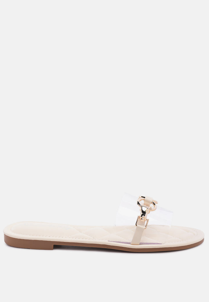 scoth clear buckled quilted slides#color_beige