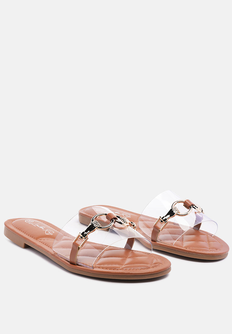scoth clear buckled quilted slides#color_tan