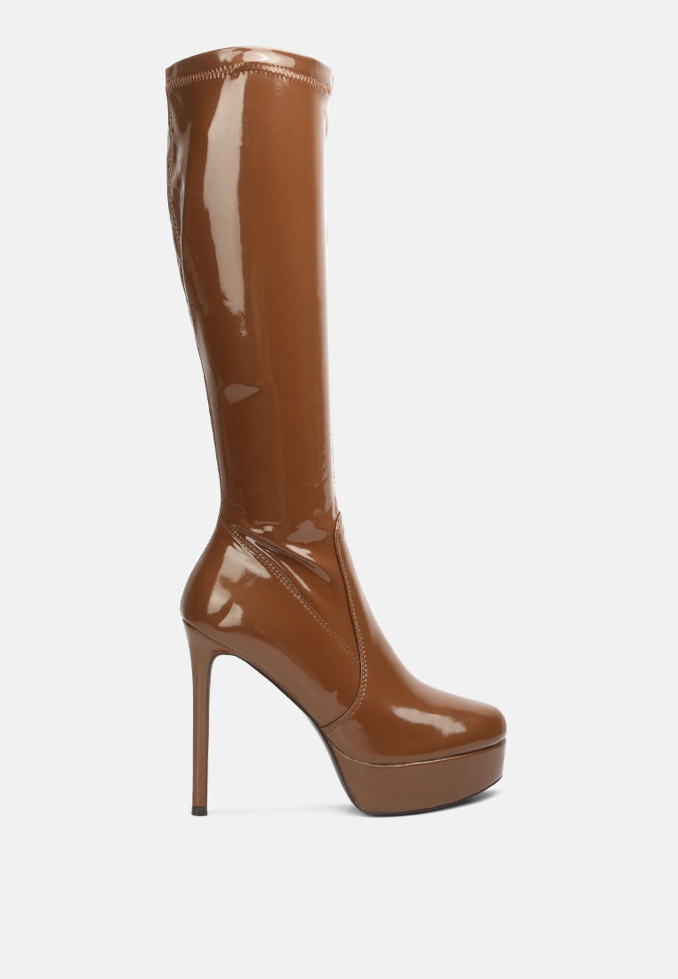 shawtie high heel stretch patent calf boots#color_tan