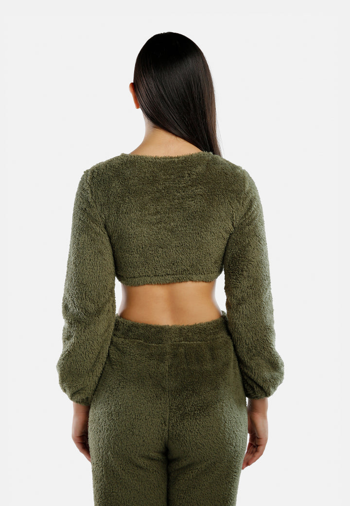 shearling full sleeve crop top#color_army-green