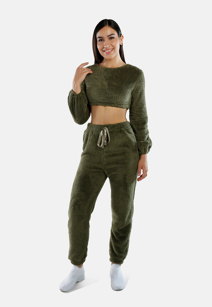 shearling full sleeve crop top#color_army-green
