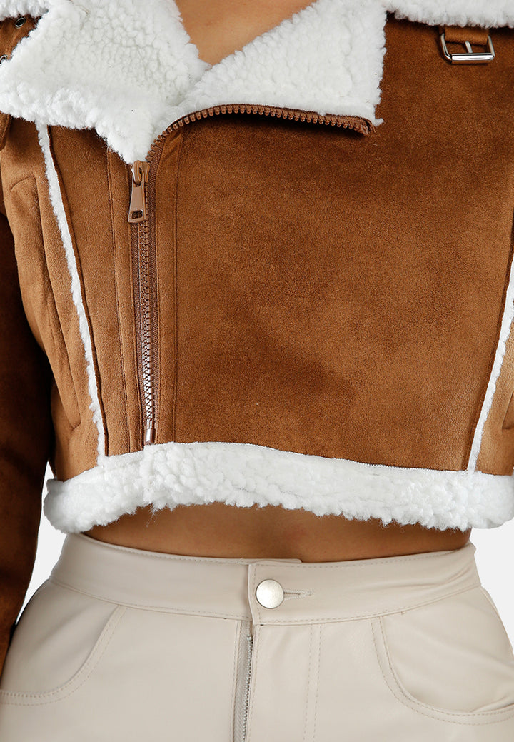 shearling lined cropped jacket#color_brown