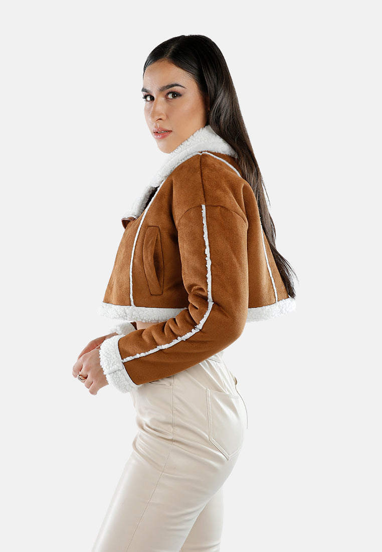 shearling lined cropped jacket#color_brown