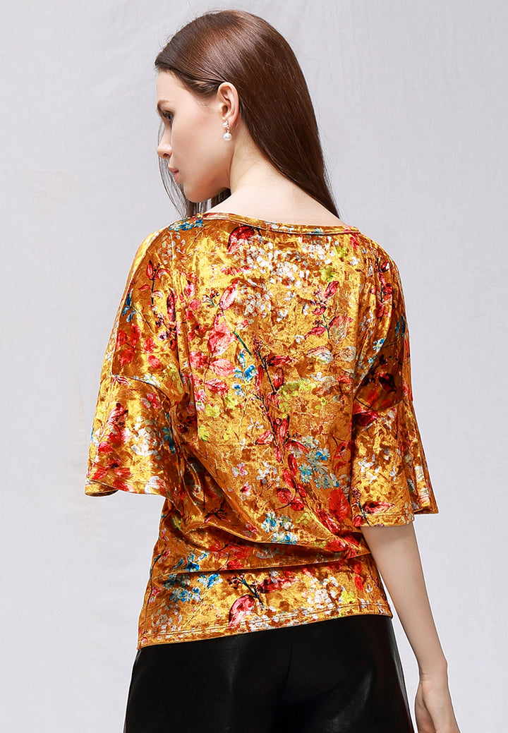 shiny velvet floral top with bell sleeves#color_golden