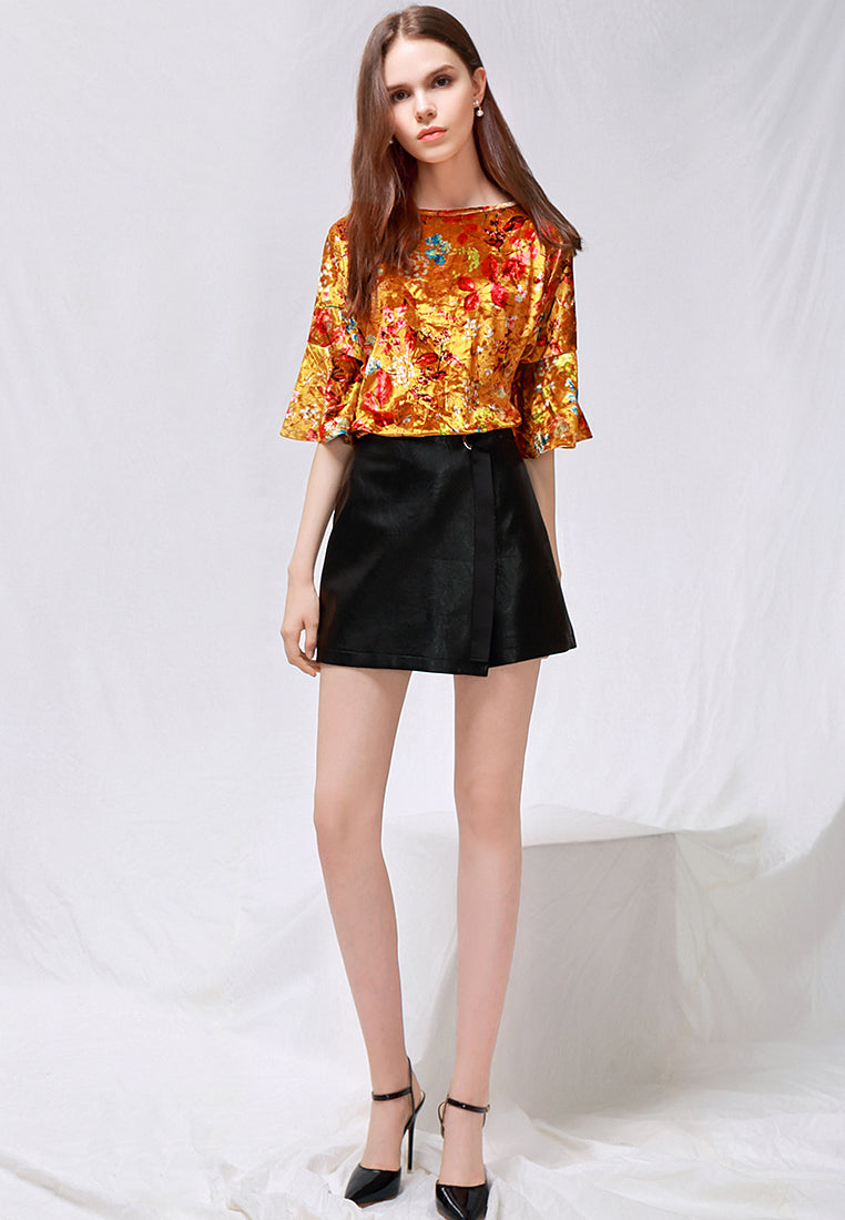 shiny velvet floral top with bell sleeves#color_golden