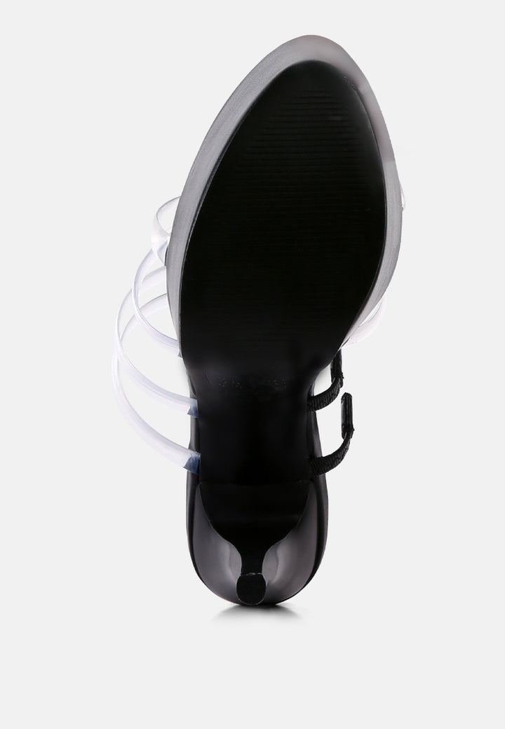 shots up ultra high heel clear straps sandals#color_black