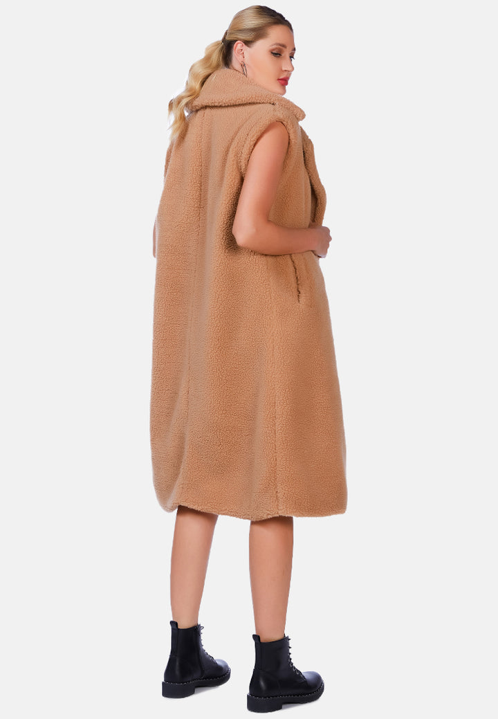 sleeveless double breasted teddy coat#color_camel